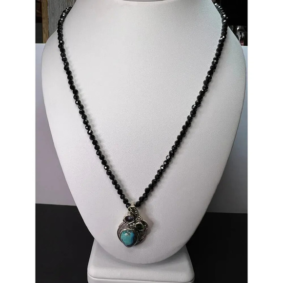 Black spinel and turquoise multi gem sterling silver pendant necklace - Picture 10 of 11